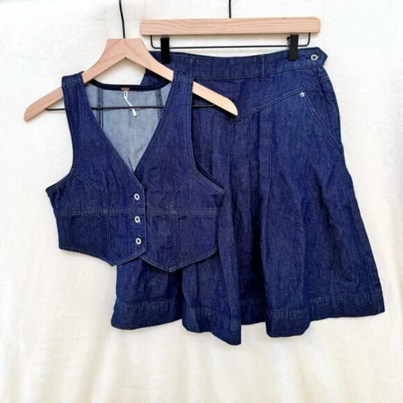 NWOT Free People Scout Denim Vest and Skirt Set in Teal Flower - Picture 12 of 14